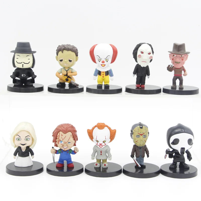 10 Pieces / Set Horror Film Series Jason Freddy Clown Action Figure Toys PVC Model Halloween Gift Vinyl Figurine Doll Gift